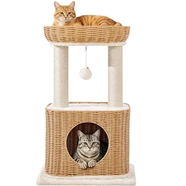 Yaheetech Yaheetech Rattan Cat Tree — Two-Tier Cat Tower with Woven Basket Perch, Condo & Dangling Ball Toy Yaheetech Rattan Cat Tree — Two-Tier Cat Tower with Woven Basket Perch, Condo & Dangling Ball Toy