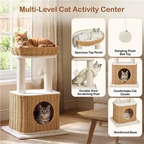 Yaheetech Yaheetech Rattan Cat Tree — Two-Tier Cat Tower with Woven Basket Perch, Condo & Dangling Ball Toy Yaheetech Rattan Cat Tree — Two-Tier Cat Tower with Woven Basket Perch, Condo & Dangling Ball Toy