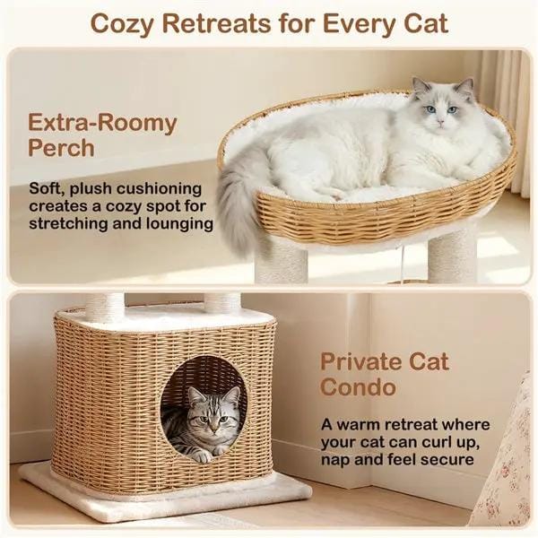 Yaheetech Yaheetech Rattan Cat Tree — Two-Tier Cat Tower with Woven Basket Perch, Condo & Dangling Ball Toy Yaheetech Rattan Cat Tree — Two-Tier Cat Tower with Woven Basket Perch, Condo & Dangling Ball Toy