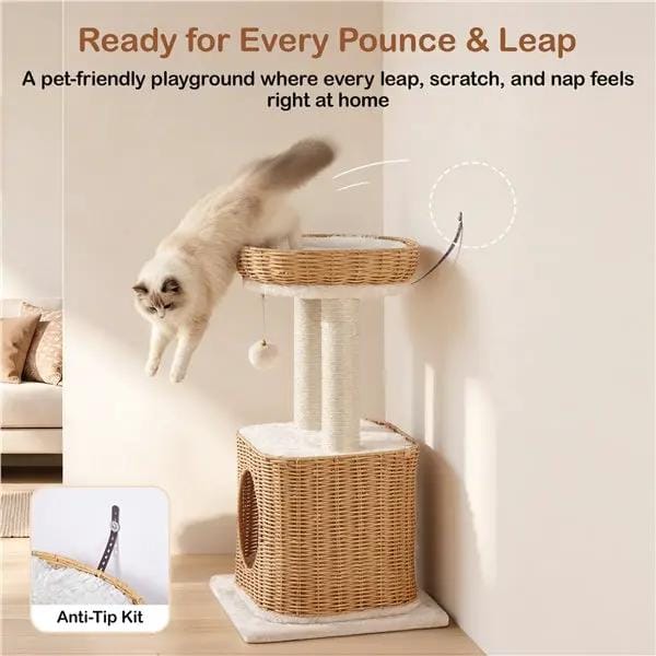 Yaheetech Yaheetech Rattan Cat Tree — Two-Tier Cat Tower with Woven Basket Perch, Condo & Dangling Ball Toy Yaheetech Rattan Cat Tree — Two-Tier Cat Tower with Woven Basket Perch, Condo & Dangling Ball Toy