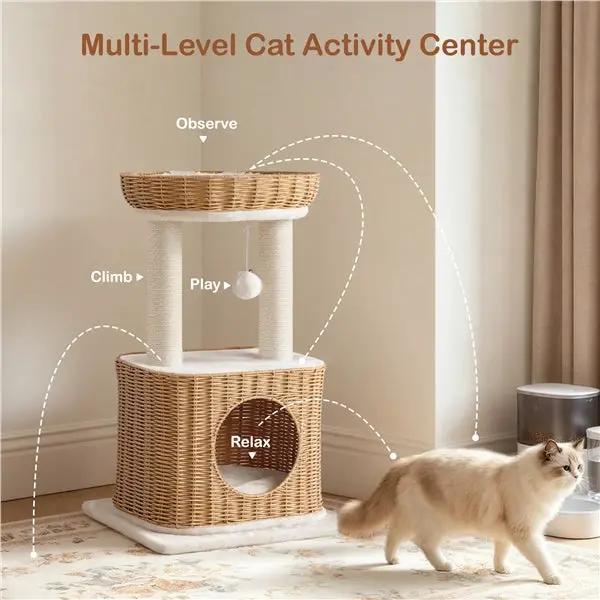 Yaheetech Yaheetech Rattan Cat Tree — Two-Tier Cat Tower with Woven Basket Perch, Condo & Dangling Ball Toy Yaheetech Rattan Cat Tree — Two-Tier Cat Tower with Woven Basket Perch, Condo & Dangling Ball Toy