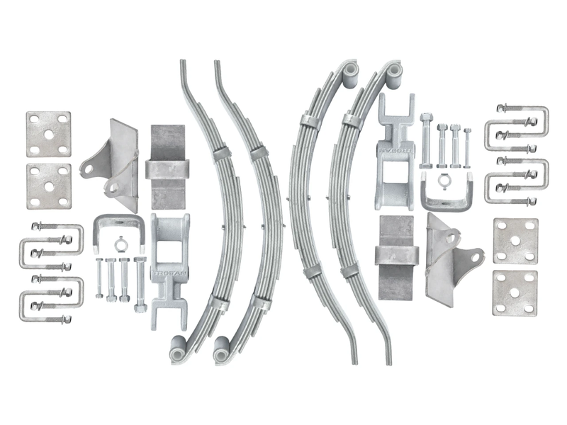 Leaf Spring Kits components including tandem axle eye to slipper parts and hardware for 3000kg capacity.