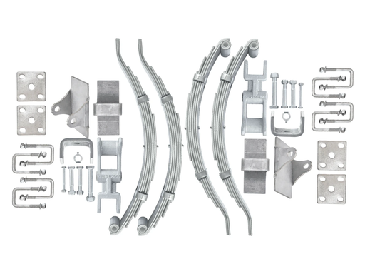 Leaf Spring Kits components including tandem axle eye to slipper parts and hardware for 3000kg capacity.