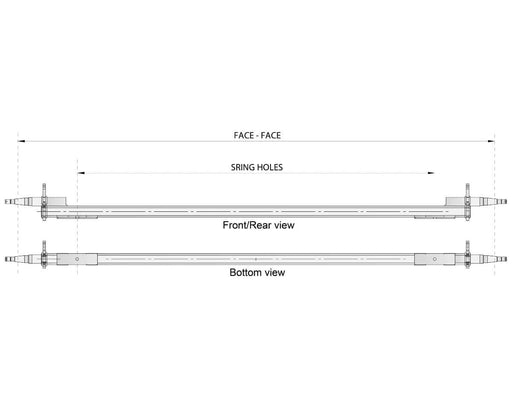 Overlay Beam Axle - 1500kg - Raw - 50SQ technical drawing showing front and bottom views with measurements.