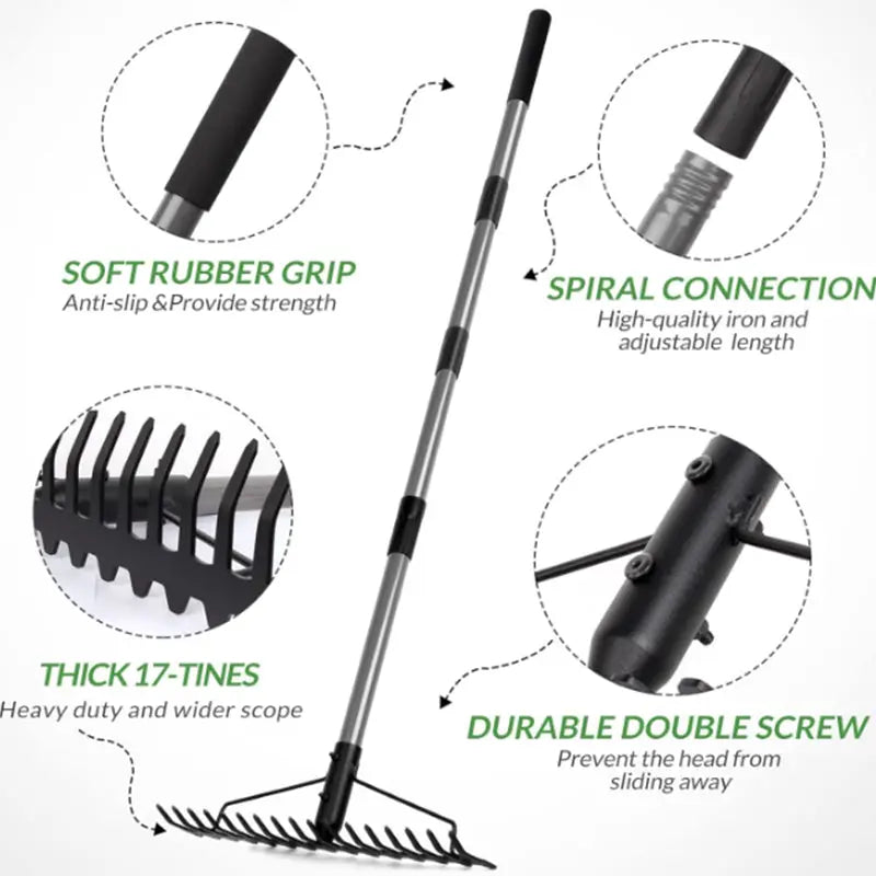 g8buynz g8buynz Multifunctional grass rake 17 Steel Tines Metal Head with Stainless Steel Handle Multifunctional grass rake 17 Steel Tines Metal Head with Stainless Steel Handle