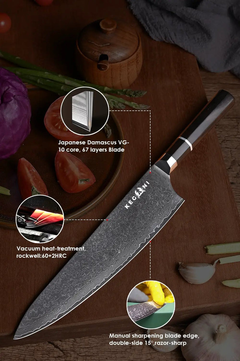 Kegani 8 Inch Japanese Kiritsuke Chef Knife, Japanese 67 Layers VG-10 Damascus Knife, Ebony FullTang Handle Natural Texture Japanese Knife Sushi Knife Gyuto Knife - Chef Knife by China Dropship