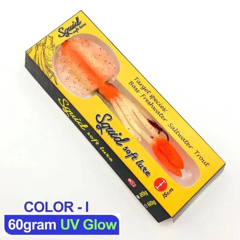 60g120g150g Silicone Soft Artificial Rubber Luminous UV Squid Jig Fishing Lures For Sea Fishing Trolling Wobbler Bait in packaging.