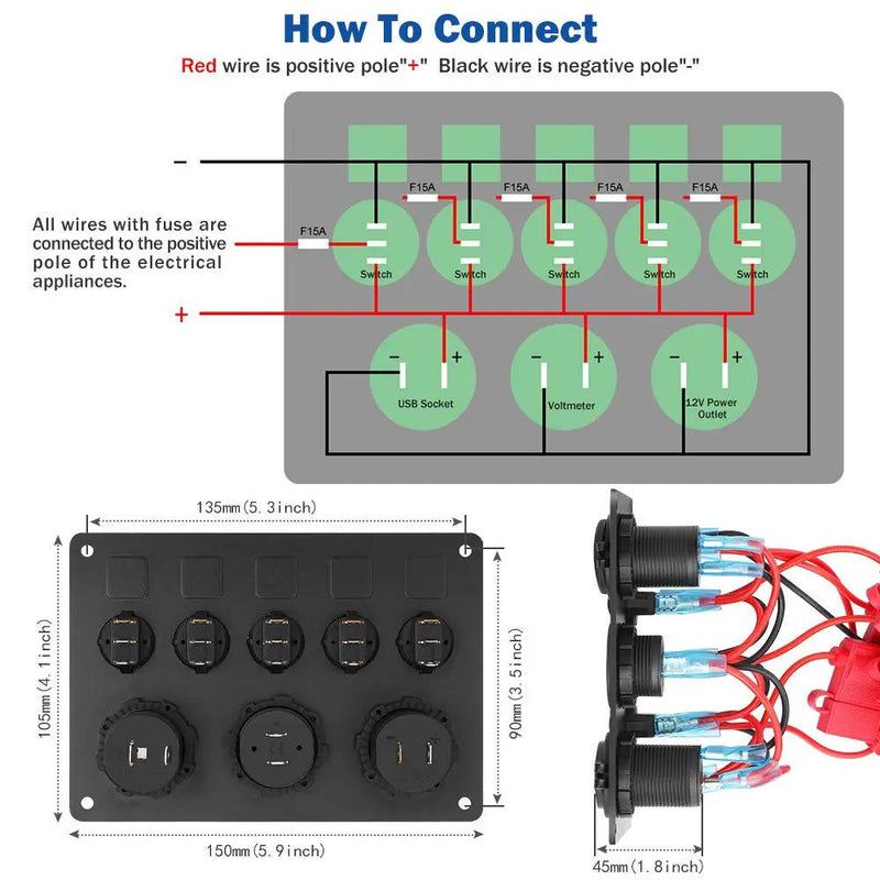 5 Gang ON-OFF Toggle Switch Control Panel 2 USB Charger 12V for Car by salelink.co.nz