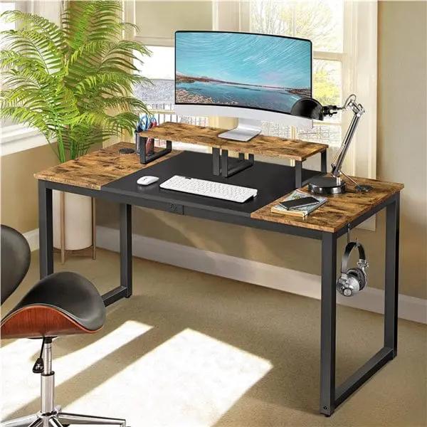 Yaheetech 140cm Computer Desk With Monitor Stand Rustic Brown Black Metal Frame 140cm Computer Desk With Monitor Stand Rustic Brown