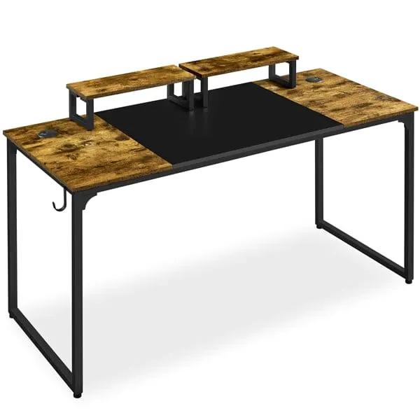 Yaheetech 140cm Computer Desk With Monitor Stand Rustic Brown Black Metal Frame 140cm Computer Desk With Monitor Stand Rustic Brown