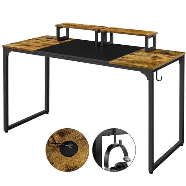 Yaheetech 140cm Computer Desk With Monitor Stand Rustic Brown Black Metal Frame 140cm Computer Desk With Monitor Stand Rustic Brown