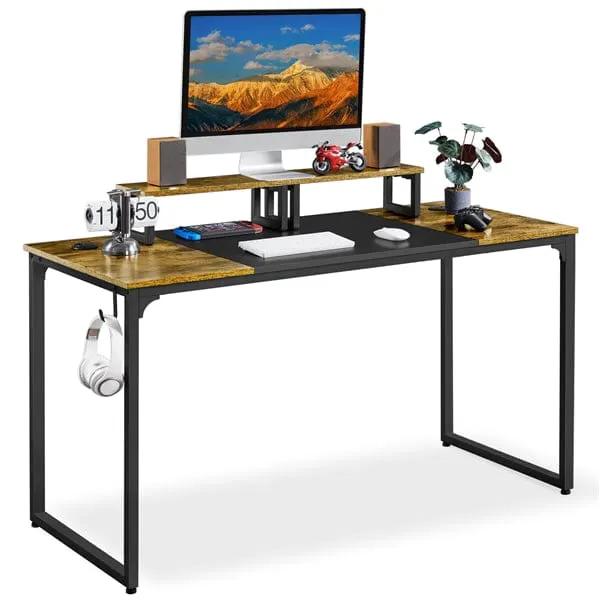 Yaheetech 140cm Computer Desk With Monitor Stand Rustic Brown Black Metal Frame 140cm Computer Desk With Monitor Stand Rustic Brown