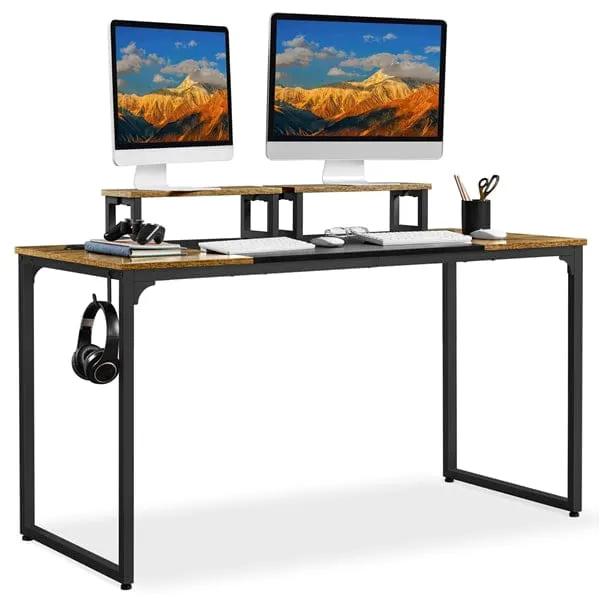 Yaheetech 140cm Computer Desk With Monitor Stand Rustic Brown Black Metal Frame 140cm Computer Desk With Monitor Stand Rustic Brown