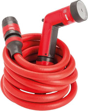 18m Expandable garden hose coiled with multi jet gun in red color, lightweight and easy to handle for gardening needs.