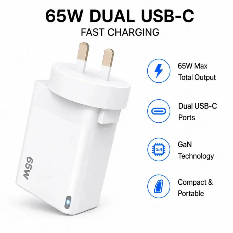 techplus 65W GaN Fast Wall Charger Dual USB-C PD 3.0 Power Adapter for Laptop, Tablet & Smartphone (White) 65W GaN Fast Wall Charger Dual USB C PD 3.0