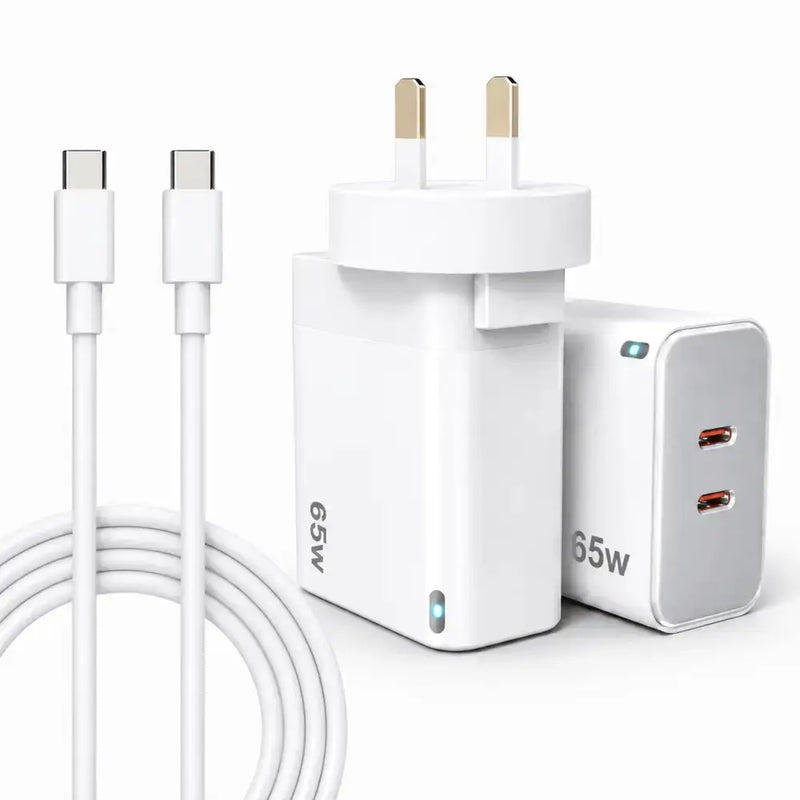 techplus 65W GaN Fast Wall Charger Dual USB-C PD 3.0 Power Adapter for Laptop, Tablet & Smartphone (White) 65W GaN Fast Wall Charger Dual USB C PD 3.0