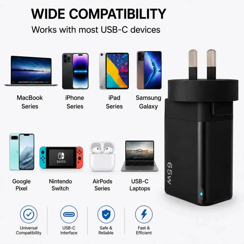 techplus 65W GaN Fast Wall Charger Dual USB-C PD 3.0 Power Adapter for Laptop, Tablet & Smartphone (Black) 65W GaN Fast Wall Charger Dual USB C PD 3.0