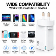 techplus 65W GaN Fast Wall Charger Dual USB-C PD 3.0 Power Adapter for Laptop, Tablet & Smartphone (White) 65W GaN Fast Wall Charger Dual USB C PD 3.0