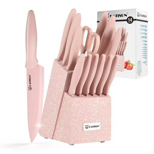 Kitchen Knife Set With Block, 14 Piece Pink Non-Stick Paint Coating Stainless Steel Knives Set, Anti-Rust And Dishwasher Safe, 12 Knives With Kitchen Shears And Block Pink - Pink by China Dropship