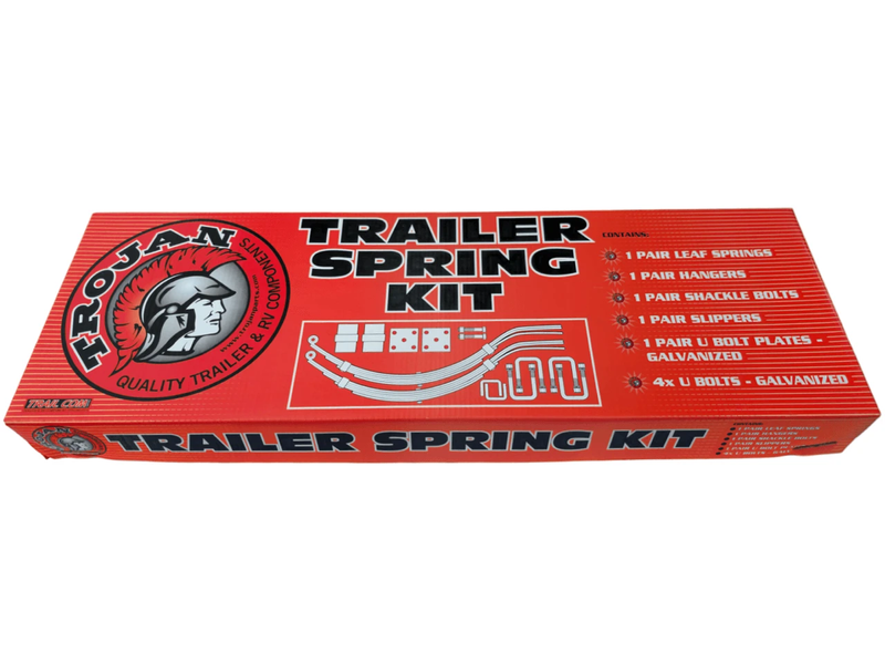 Multi Leaf Spring Kit packaging showcasing parts like springs, hangers, and U-bolts for trailer suspension.