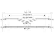 Gull Wing Axle - Disc Braked - 1750kg - Galvanised technical drawing front and rear view with dimensions.