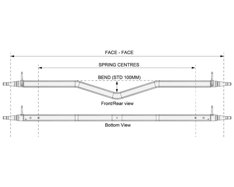 Gull Wing Axle - Disc Braked - 1750kg - Galvanised technical drawing front and rear view with dimensions.