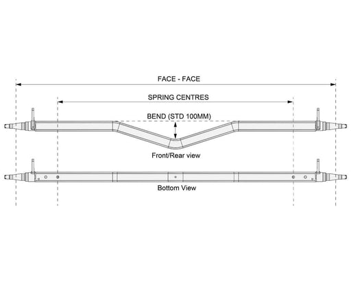 Gull Wing Axle - Disc Braked - 1750kg - Galvanised technical drawing front and rear view with dimensions.