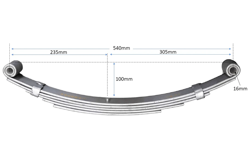 Trojan Leaf Springs 5-Leaf Double Eye - 540mm long showing dimensions.