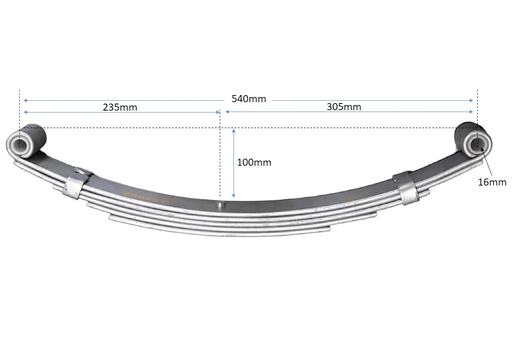 Trojan Leaf Springs 5-Leaf Double Eye - 540mm long showing dimensions.