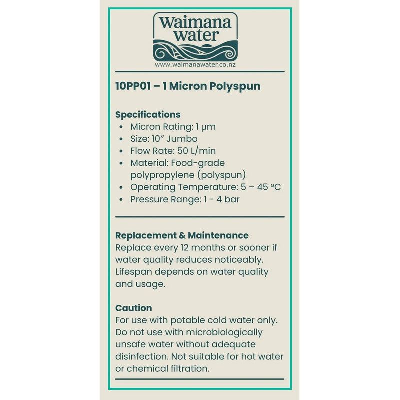 Waimana 10 Inch Jumbo Polyspun Sediment Filter - 1, 5 & 10 Micron Options NZ by Filtration Station NZ