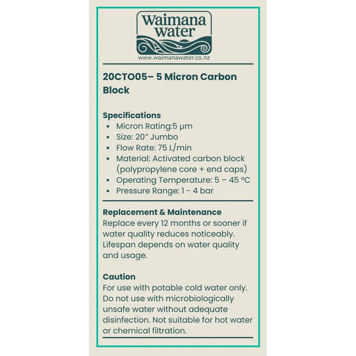 Waimana 20 Inch Jumbo Carbon Block Filter - 5 Micron, Chlorine & Taste Removal NZ by Filtration Station NZ