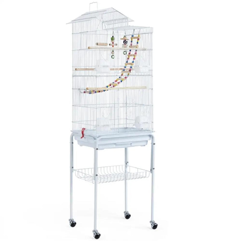 Rolling Metal Bird Cage with Detachable Stand Toys Included by Yaheetech