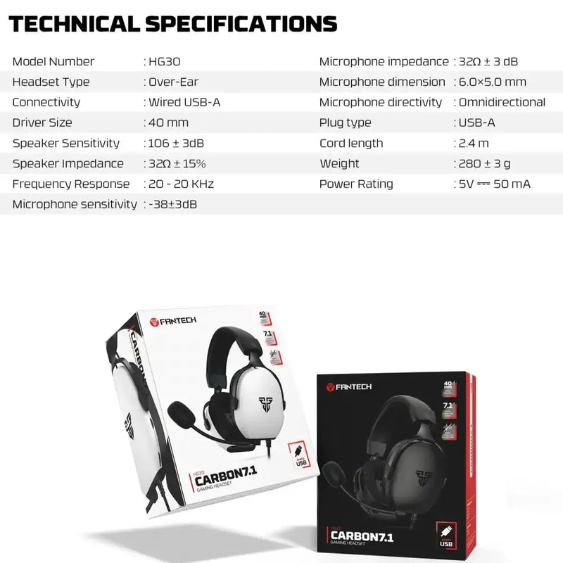 7.1 Wired Gaming Headset 40mm with Mic (available in Black & White) by Habicare