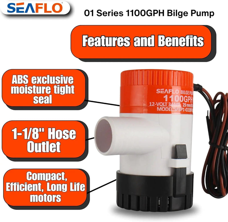12V SEAFLO 1100GPH Bilge Submersible Water Pump by salelink.co.nz