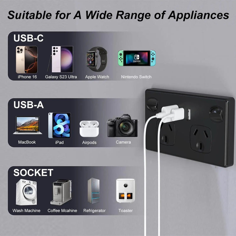 salelink.co.nz Unbranded USB Type C Wall Socket Power Point - Black USB Type C Wall Socket Power Point - Black | Action Outdoors NZ