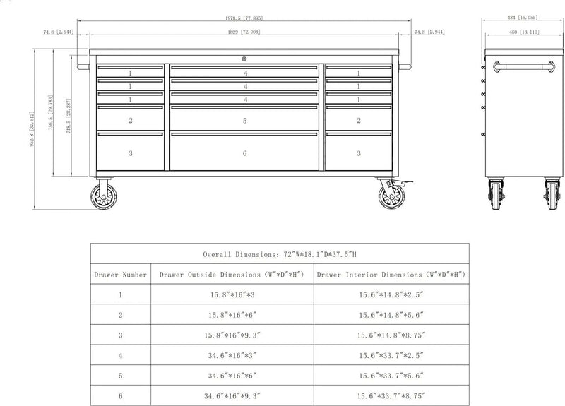 72 Inch 15 Drawers black Tool Chest workbench by Kiwi Grab