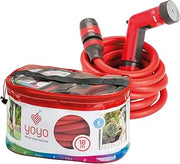 18m Expandable garden hose with multi jet gun and storage bag displayed in red packaging.