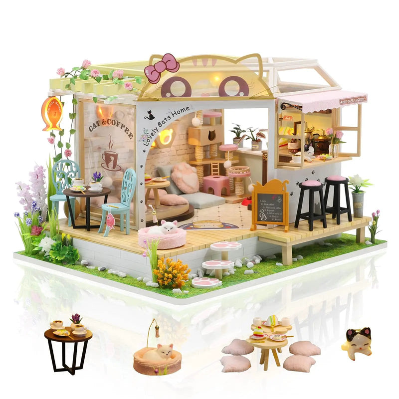 Poppy Gifts Gift DIY Cat Café Miniature Wooden Dollhouse Kit For Creative Play DIY Cat Café Miniature Dollhouse Kit for Creative Play