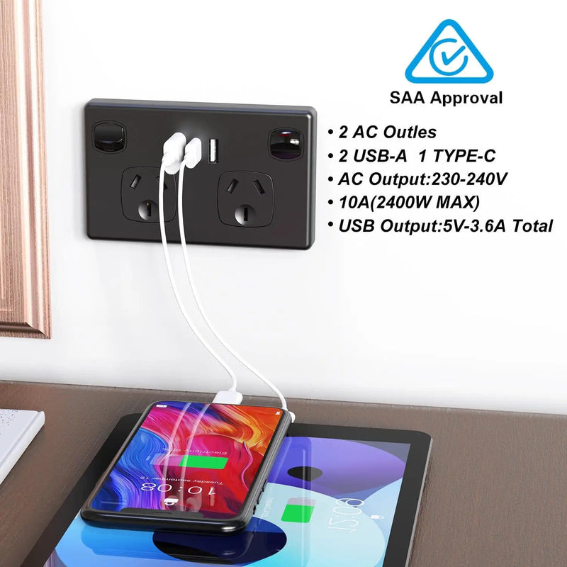 salelink.co.nz Unbranded USB Type C Wall Socket Power Point - Black USB Type C Wall Socket Power Point - Black | Action Outdoors NZ
