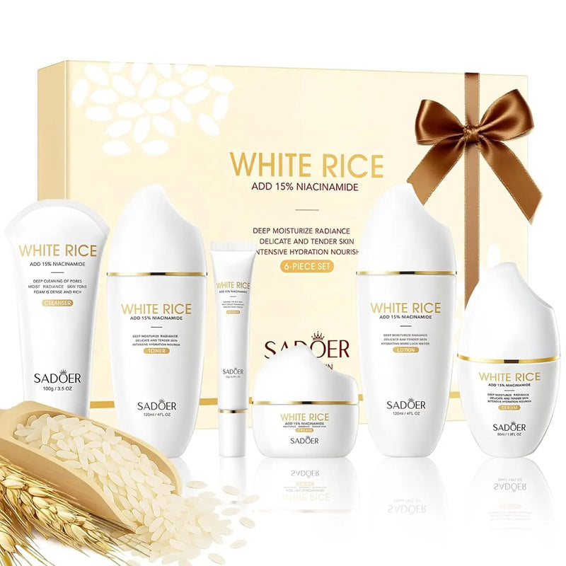 SADOER Rice Niacinamide Skincare Set - 6 Piece Firming Skincare Kit by Poppy Gifts