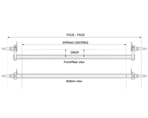 Drop Beam Axle diagram showing front and rear views along with bottom view and spring centres.