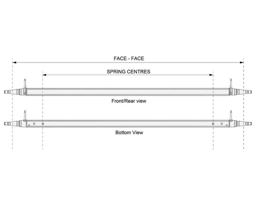 Straight Beam Axle - Disc Braked - 1750kg - Bare Metal technical drawing with front, rear, and bottom views.