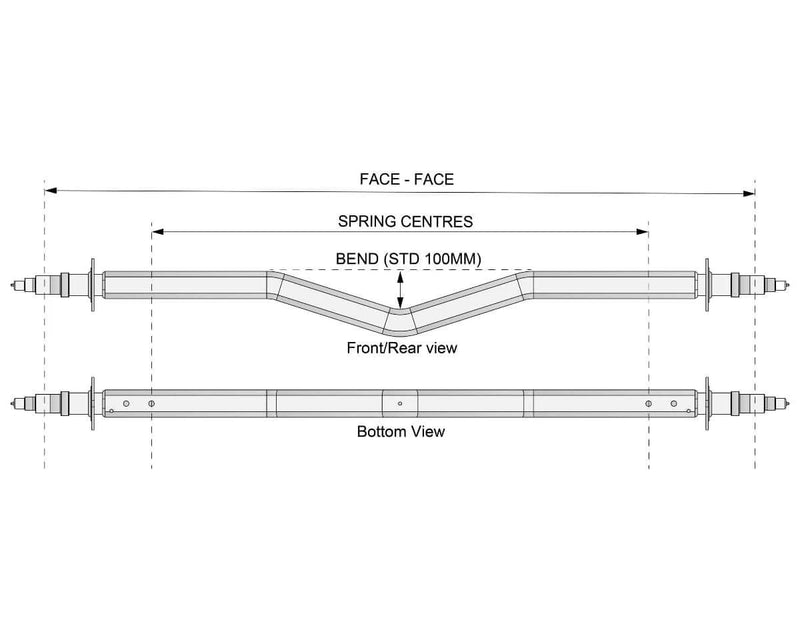 Gull Wing Axle - Multi-Hub - 3000kg - Galvanised technical drawing showing front and bottom views with dimensions.