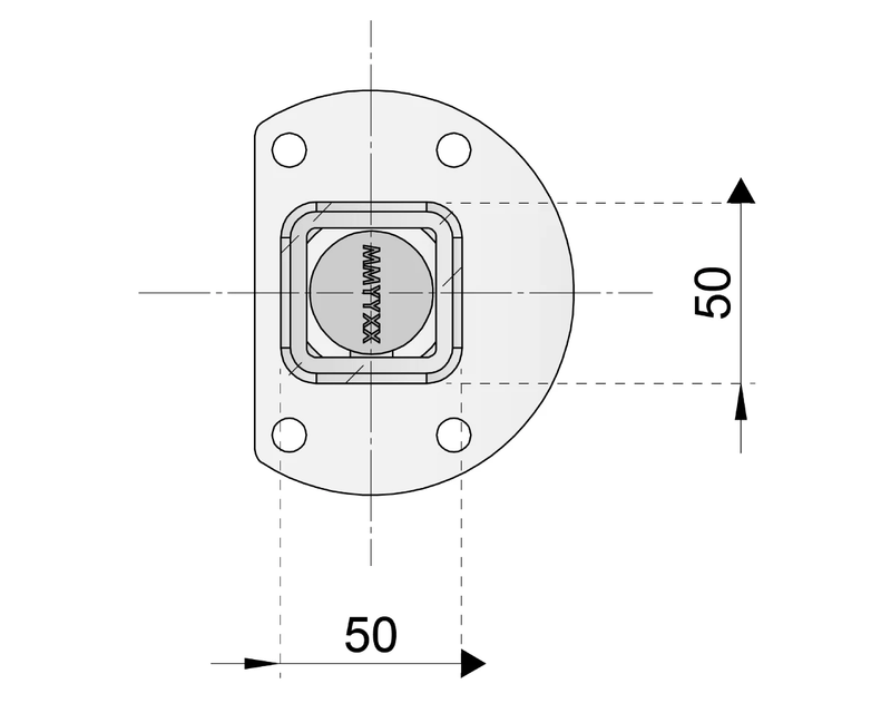 Technical drawing of a square flange with dimensions labeled 50mm x 50mm.