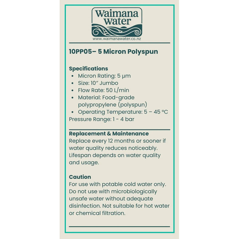 Waimana 10 Inch Jumbo Polyspun Sediment Filter - 1, 5 & 10 Micron Options NZ by Filtration Station NZ