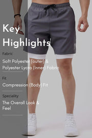 2 in 1 Compression Shorts Grey with White by Fuaark Nz