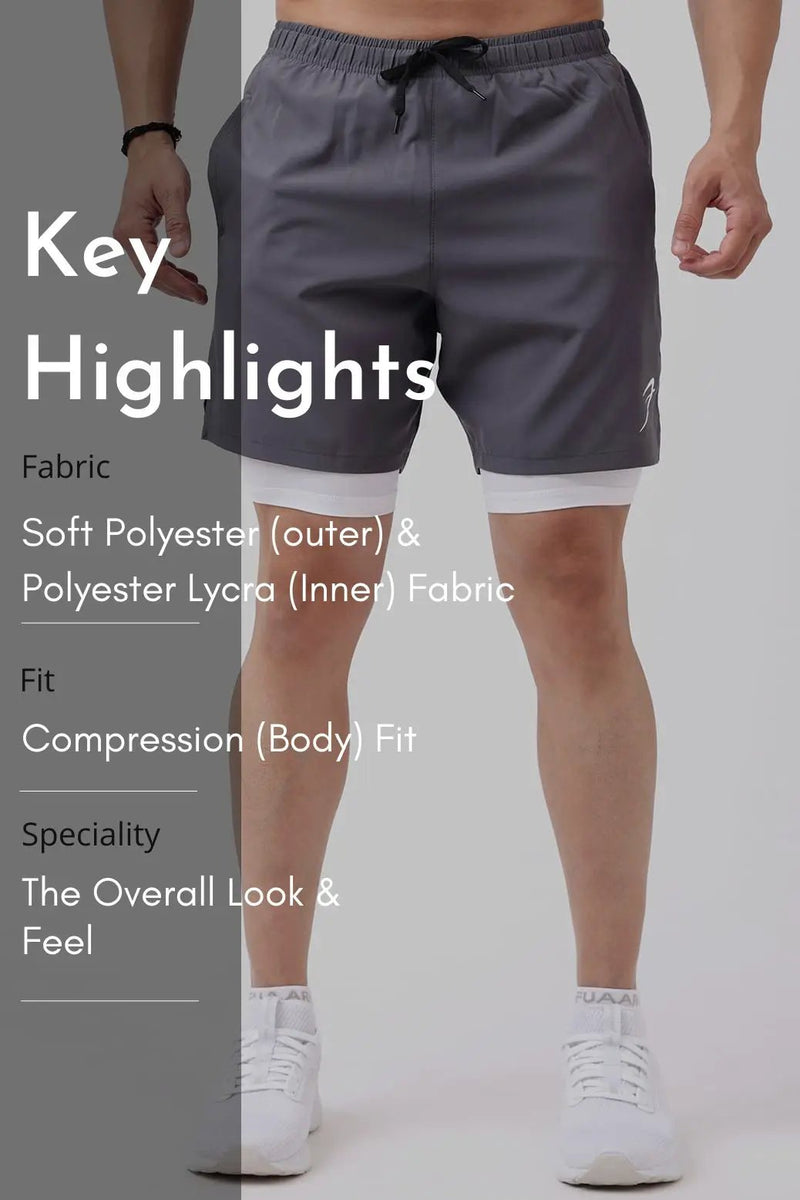 2 in 1 Compression Shorts Grey with White by Fuaark Nz