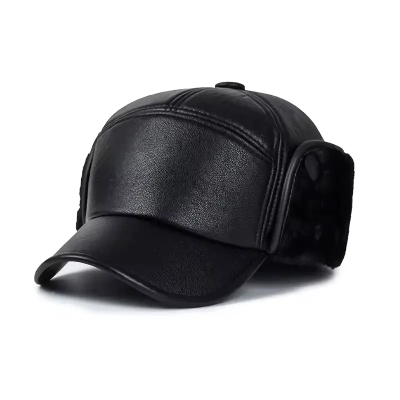 Winter PU Leather Cap with Ear Flaps Plush Lined Thermal Windproof Baseball Hat by dealonline.co.nz