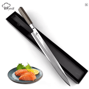 8 Inch Blade Sashimi Sushi Knife for Cutting Sushi with Box displayed alongside fresh salmon.