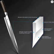 8 Inch Blade Sashimi Sushi Knife for Cutting Sushi with Box showcasing blade features and design elements.